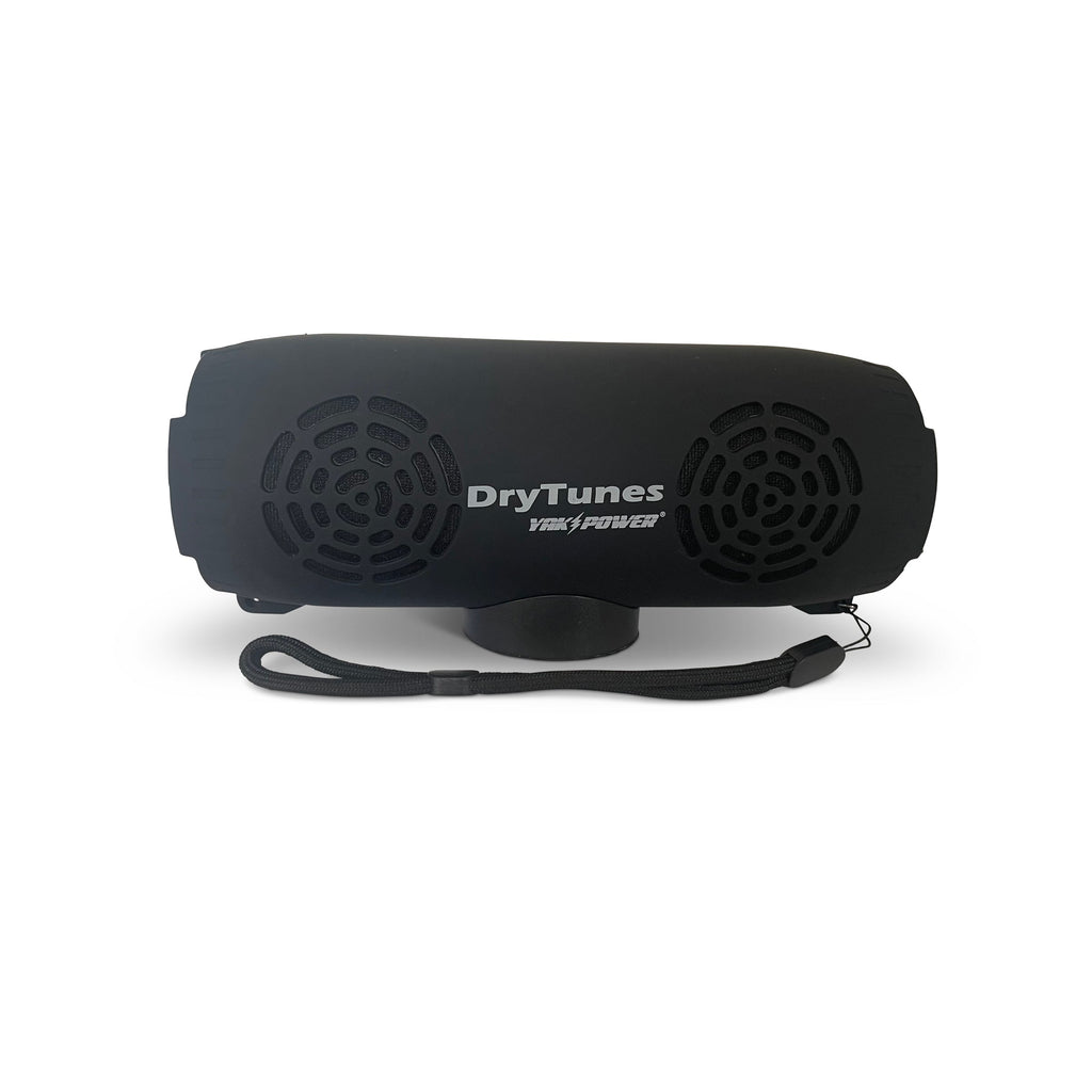 Black Yak Power DryTunes speaker from the front, with the magnetic base and a wrist strap