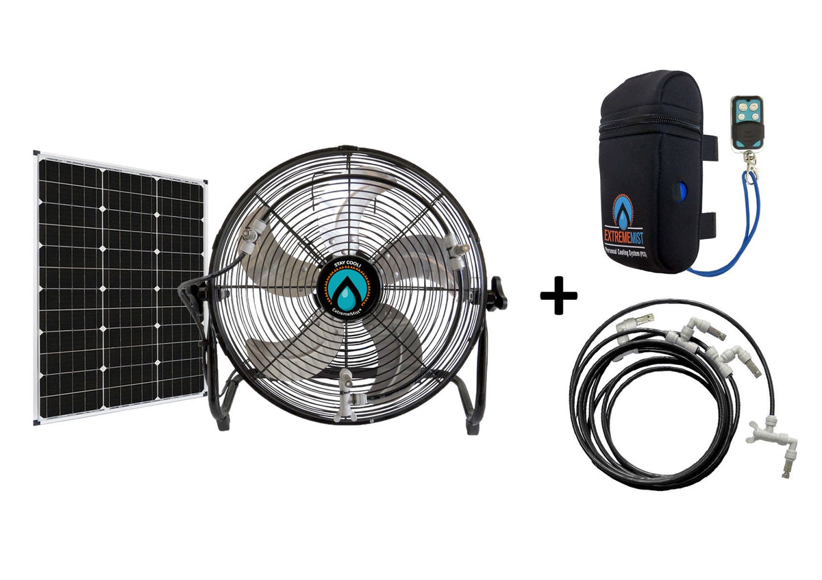 ExtremeMist 3-in-1 Misting Fan, 170 PSI, Solar Rechargeable, with 16 ft Mist Line