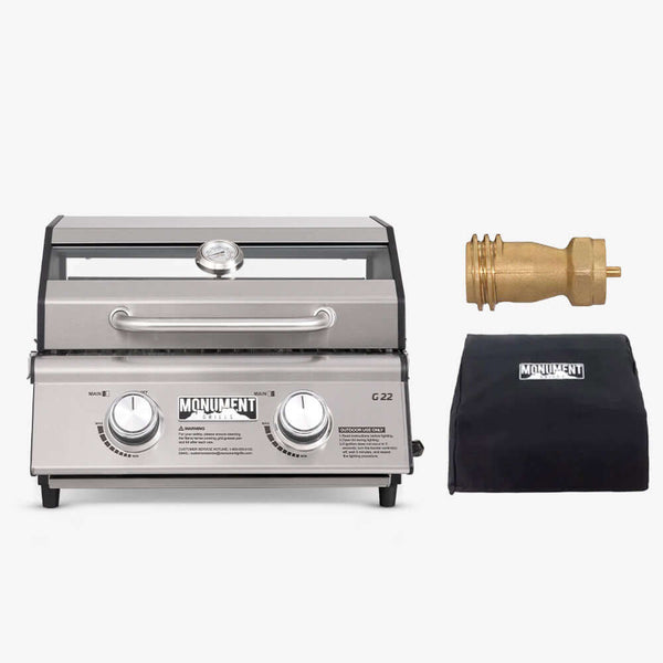 G22 grill shown with a brass 1 lb tank adapter and a black Monument cover, the 3-piece bundle