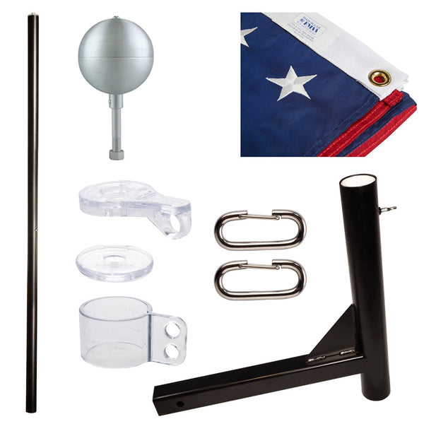 Kit laid out: aluminum pole, silver ball, clear swivels, two clips, US flag and the black hitch holder