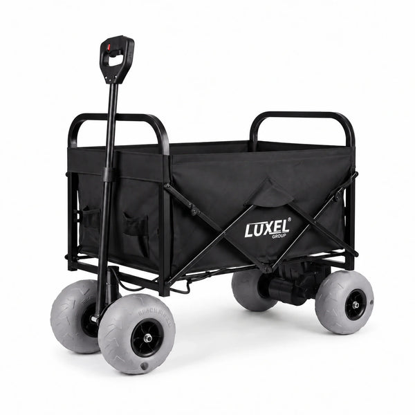 Black folding wagon with gray balloon wheels, push handle raised and battery motor unit under the rear, on a white background
