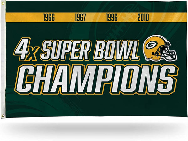 Green Bay Packers 3x5 flag, 4-Time Super Bowl Champions design, with metal grommets