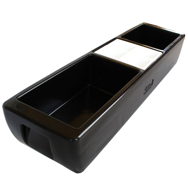 Empty black three-section cooler on white, with a white divided condiment tray set in the middle compartment