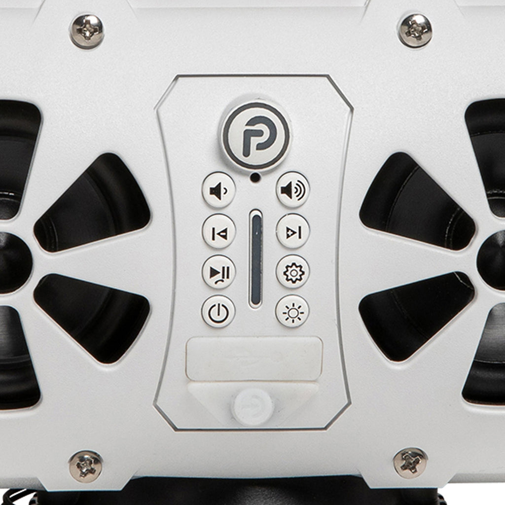 Close-up of the Party Bar MINI control panel with the Party Button, volume, track, power and light buttons