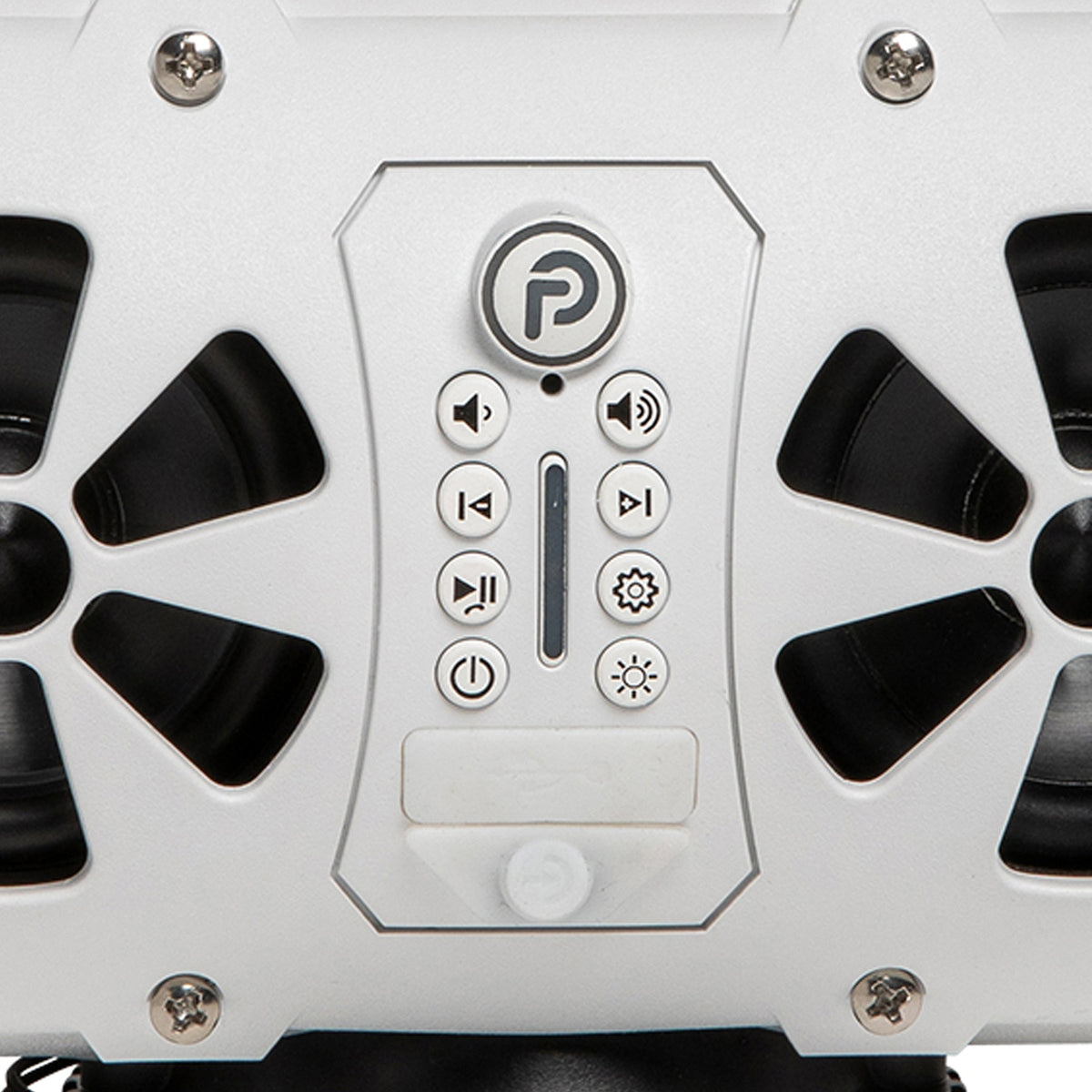 Close-up of the Party Bar MINI control panel with the Party Button, volume, track, power and light buttons