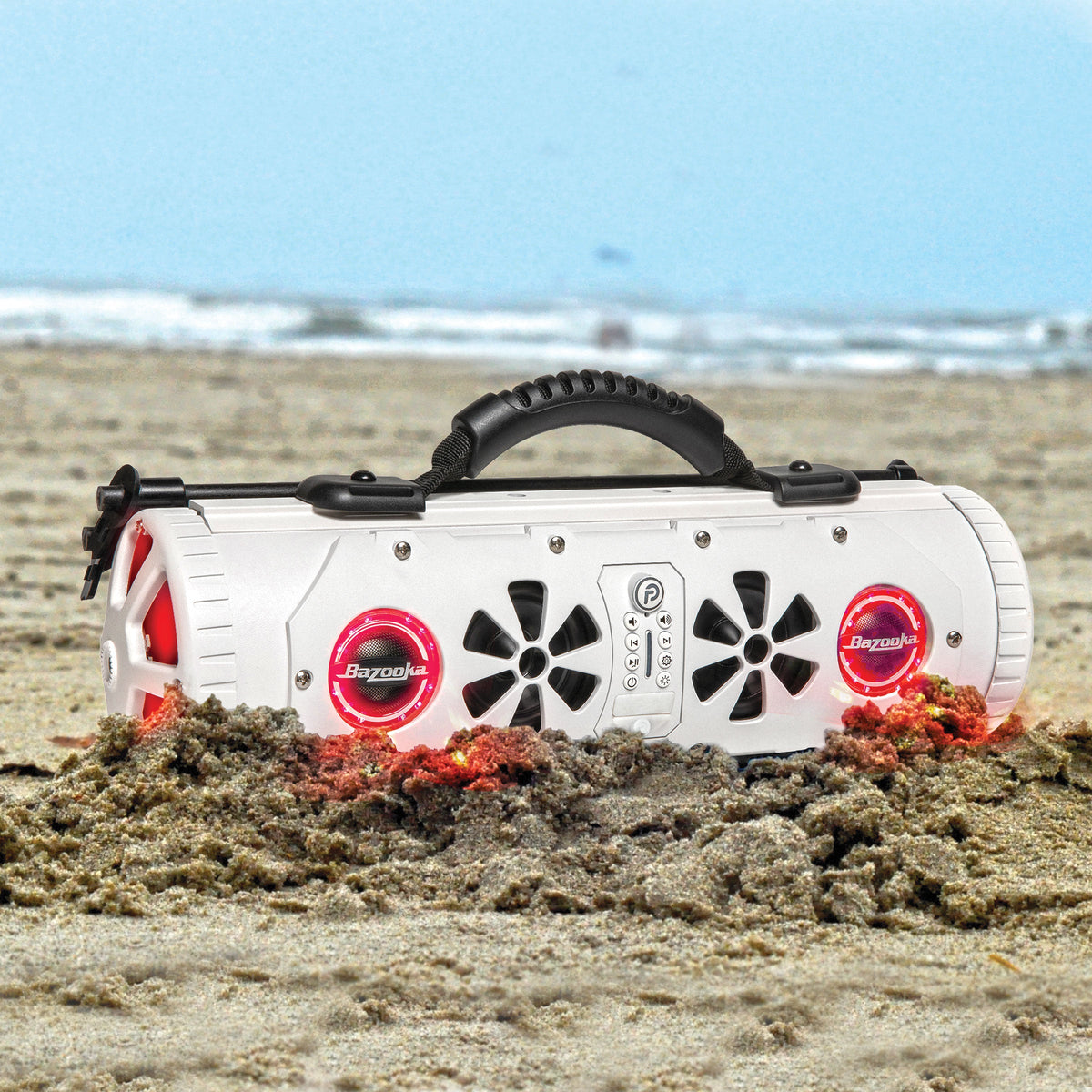 White Party Bar MINI sitting on beach sand with its red end lights on